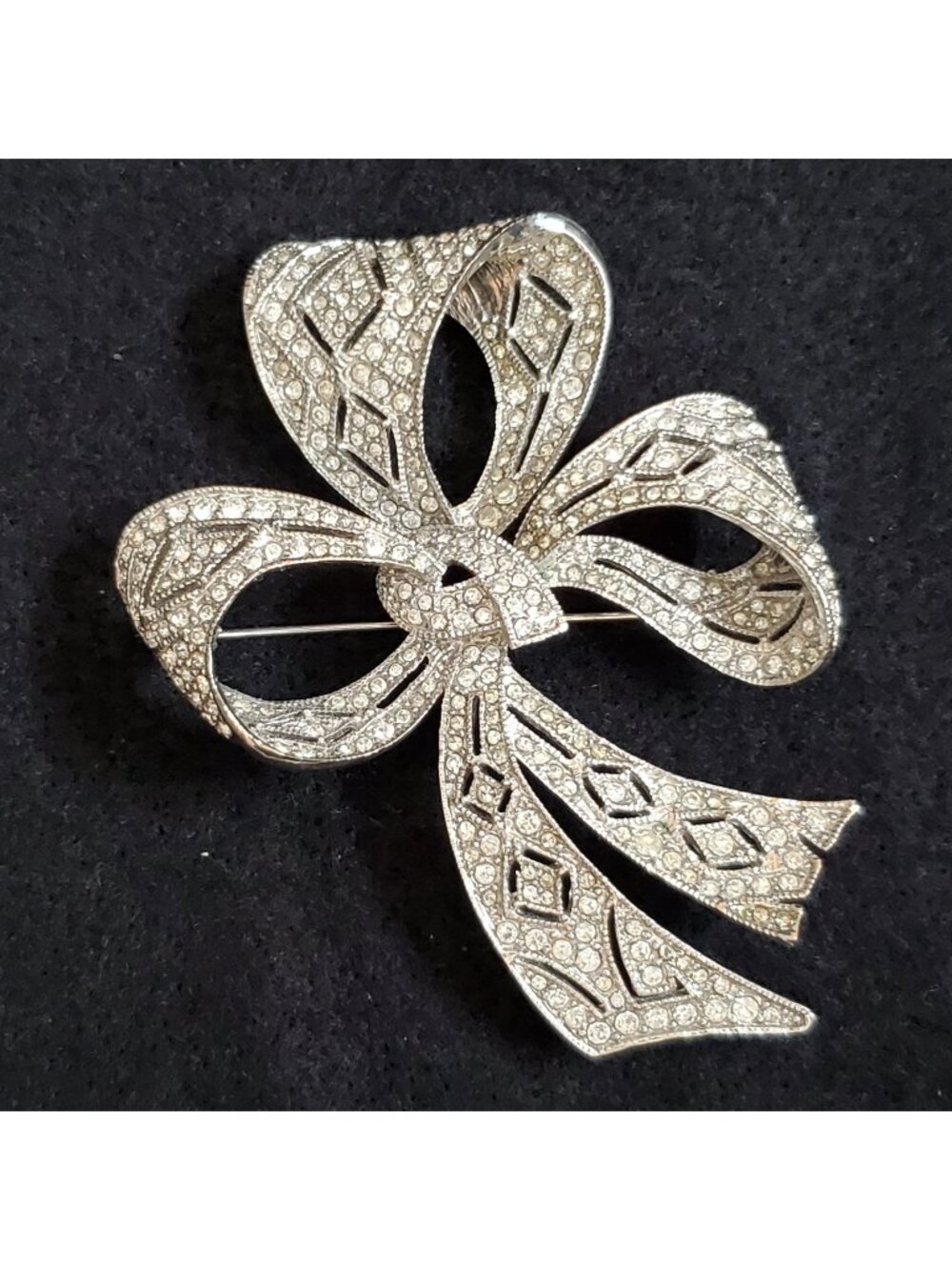 Kenneth Jay Lane Brooch Rhinestone Bow Silver Tone 3"